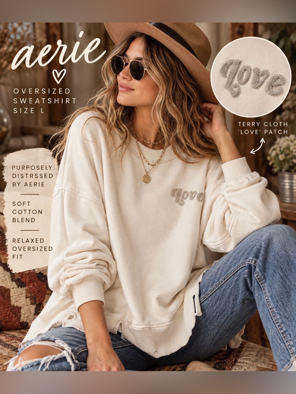 aerie - distressed style- Cream 'Love' patch Pullover Cotton blend sweatshirt- L